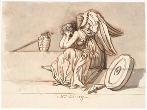 Nemesis bedeckt ihre Augen in Trauer. Allegorie auf P.A. Heibergs Verbannung von Nicolai Abildgaard