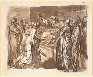 Peisistratos beklagt sich bei den Athenern über den Überfall, von dem er sagt, dass er das Ziel war. Er sitzt auf einem eselsgezogenen Karren, umgeben von zahlreichen Menschen von Nicolai Abildgaard