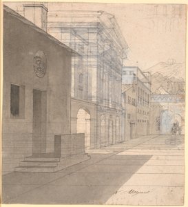 Perspektivische Studie zur Architektur im Bild der Hebamme, die das Haus der Androspigen verlässt