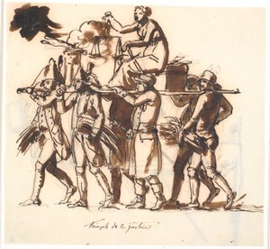 Triumph der Gerechtigkeit. Sechs Männer tragen eine Bahre, auf der die weibliche Figur der Gerechtigkeit mit der Waagschale sitzt von Nicolai Abildgaard