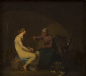 Die Haushälterin der Räuberbande tröstet das junge Mädchen, indem sie den Mythos von Amor und Psyche erzählt. Motiv aus Apulejus: Der goldene Esel von Nicolai Abildgaard