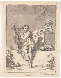 Sappho, sitzend mit ihrer Lyra, im Hintergrund ruht ein Hermaphrodit