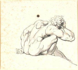 Sitzender, nach vorne gebeugter Mann, von hinten gesehen, mit der rechten Hand am Kopf von Nicolai Abildgaard
