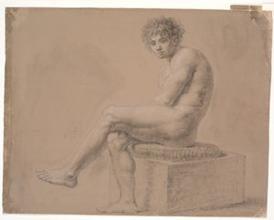 Sitzendes Modell auf niedriger Plinthe mit Kissen. Linkes Bein über rechtes von Nicolai Abildgaard