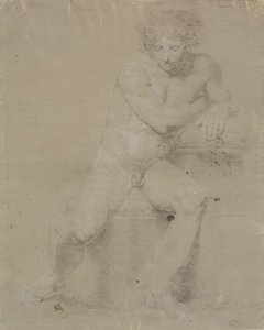 Sitzendes Modell auf Plinthe mit Kissen. Von vorne gesehen. Rechte Hand unter der linken Achselhöhle von Nicolai Abildgaard