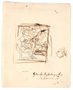 Sitzender geflügelter Genius, im Hintergrund Bäume; rechts ein karikiertes Haupt von Nicolai Abildgaard