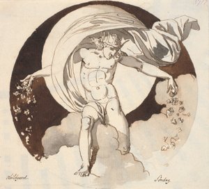 Sonntag. Ein gekrönter nackter Gott streut Blumen mit beiden Händen