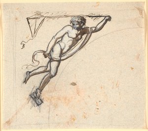 Schwebende Figur mit einem Drachen in der Hand