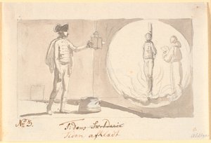 Die Zeit entkleidet. Ein Husarenoffizier mit einer Laterna magica zeigt ein Bild eines Sünders auf dem Scheiterhaufen und daneben ein Mönch, der Gebete liest von Nicolai Abildgaard