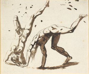 Zwei nackte Männer, die Purzelbäume schlagen, auf dem Kopf stehen oder ähnliches