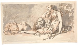 Entwurf für ein Türstück. Der Schlaf, eine liegende Frauenfigur mit einem kleinen Kind und zu ihrer rechten Seite ein Löwe von Nicolai Abildgaard