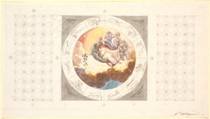 Entwurf für eine Deckendekoration mit Kassetten und in der Mitte ein kreisrundes Bild mit dem Morgen, der Blumen verstreut von Nicolai Abildgaard