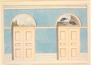 Entwurf für Wanddekoration mit halbrunden Feldern über zwei Türen, auf blauen Wänden von Nicolai Abildgaard