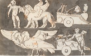 Geflügelte Knaben bei den Wagen von Apollo und Jupiter, gezogen von Greifen und Adlern von Nicolai Abildgaard