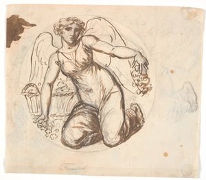 Geflügelte Frauengestalt im kreisrunden Feld. Rechts Studie des linken Fußes der Figur von Nicolai Abildgaard