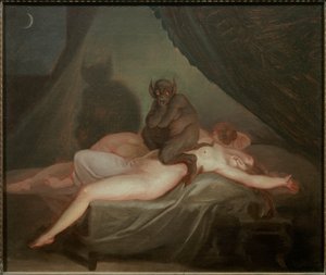 Der Albtraum. Ein Teufel sitzt auf dem Körper einer nackten Frau, die mitten in der Nacht schläft. Gemälde von Nicolas Abraham Abildgaard (1743-1809)