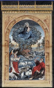 Kopie des brennenden Buschs. Moses auf dem Berg Sinai zieht seine Schuhe aus. Um ihn herum ein Engel, die Jungfrau und Christus und eine Schafherde von Nicolas (after) Froment