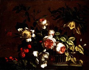 Rosen, Pfingstrosen und andere Blumen auf einer Kante von Nicolas (circle of) Baudesson