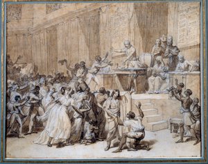 Französische Revolution: Der Nationalkonvent beschließt die Abschaffung der Sklaverei in den Kolonien am 4.02.1794 (16 Pluviose An II) in Paris. Tuschzeichnung von Nicolas Andre Monsiau (1754-1837)