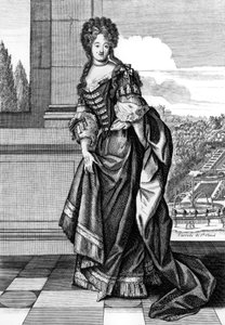 Elisabeth Charlotte von Bayern (1652-1722), genannt Liselotte, Prinzessin der Pfalz, 1671 wurde sie Herzogin von Orleans, zweite Frau von Herzog Philippe von Orleans, Stich von N. Arnoult nach Dieu