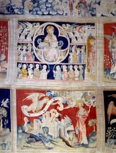 Vorhang der Offenbarung (1373-1383), Nr. 13: Gott und das Lamm, Symbol Christi. Unten, Nr. 20, die drei Engel befreien die Mächte. Tapisserie von Nicolas Bataille von Nicolas Bataille