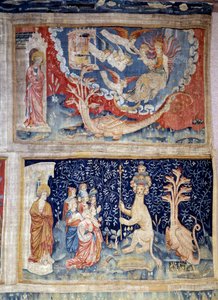 Vorhang der Offenbarung: Nr. 33, ein Drache verkörpert den Teufel vor einer Frau, die kurz vor der Geburt steht. Nr. 39 Strümpfe: Johannes schaut auf eine Menge, die von der Macht der Rüben erstaunt ist. 1373-1383. Realisiert von Nicolas Bataille (1330-140