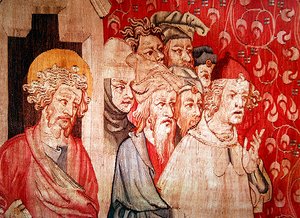 Detail von Männern, die dem Engel zuhören, der ihre Folter vorhersagt, aus "Die Apokalypse von Angers", 1373-87