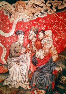 Detail des Engels, der das Evangelium zu den Menschen bringt, Nr. 49 aus der Apokalypse von Angers von Nicolas Bataille