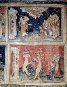 Wandbehang der Offenbarung (1373-1383), Nr. 24: Die siebte Posaune. Nr. 39: Anbetung des Drachen. Tapisserie von Nicolas Bataille