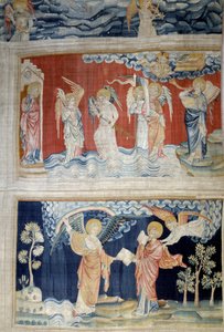 Wandteppich der Offenbarung: Die sechste Posaune, die Engel des Euphrat. Unten: Der Engel übergibt das Buch an den heiligen Johannes, der es verschlingt. Tapisserie von Nicolas Bataille von Nicolas Bataille