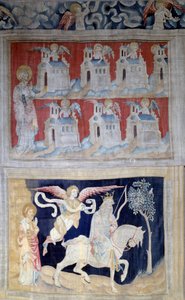 Apokalypse-Wandteppich (1373-1383), Nr. 28: Heiliger Johannes auf Patmos und die sieben Kirchen Asiens und unten das erste Siegel: Der Sieger mit dem weißen Pferd. Wandteppich von Nicolas Bataille (1330-1405) von Nicolas Bataille