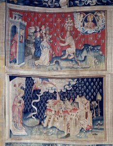 Wandteppich der Offenbarung (1373-1383), Nr. 42: Anbetung des Tieres. Nr. 49: Der Fall Babylons. Tapisserie von Nicolas Bataille