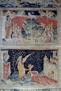 Apokalypse-Wandteppich (1373-1383), Nr. 47: Das Lamm auf dem Berg Zion. Unten, Nr. 55, der Engel sammelt die Weinrebe der Erde, die in das große Fass des Zorns Gottes gegossen wird, das Fass läuft über und das Blut fließt. Wandteppich von Nicolas Bataille 