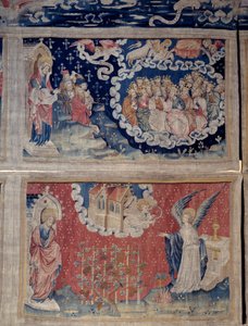 Wandbehang der Offenbarung (1373-1383), Nr. 48: Der Aufstieg des Lammes, das Singen der Auserwählten. Unten, Nr. 54, ein Engel kommt aus dem Tempel mit einer scharfen Sichel, ein anderer Engel befiehlt ihm, die Trauben der Weinberge der Erde zu ernten. Tap von Nicolas Bataille