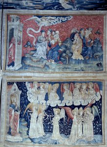 Wandbehang der Offenbarung (1373-1383), Nr. 49: Der erste Engel kündigt den Sieg an. Unten, Nr. 56, die sieben Engel tragen die sieben Schalen des Zorns Gottes. Tapisserie von Nicolas Bataille von Nicolas Bataille