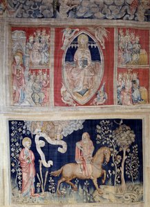 Wandteppich der Offenbarung: Darstellung von Christus in Majestät oder Tetramorph. Der rote Reiter und der Krieg. Tapisserie von Nicolas Bataille