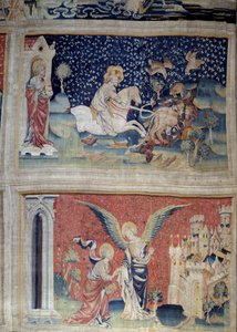 Wandbehang der Offenbarung (1373-1383), Nr. 70: Das Wort Gottes lädt die Rüben. Nr. 74: Johannes vor dem Engel und dem neuen Jerusalem. Tapisserie von Nicolas Bataille