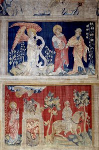 Wandteppich der Offenbarung (1373-1383), Nr. 6 und Nr. 10: Nr. 6 oben: Johannes weint, weil er das Buch nicht öffnen kann, ein alter Mann tröstet ihn; Nr. 10 unten: Der Tod hinterlässt einen Ort des Leidens hinter sich). Wandteppich von Nicolas Bataille (1 von Nicolas Bataille