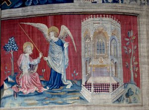 Wandteppich der Offenbarung, Nr. 27: Heiliger Johannes und der Engel. Wandteppich von Nicolas Bataille von Nicolas Bataille