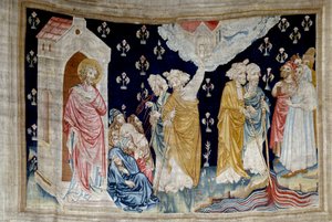 Hängung der Offenbarung (1373-1383), Nr. 28: das Wunder. Treue Diener Gottes und Propheten betrachten den in Blut verwandelten Fluss. Tapisserie von Nicolas Bataille (1330-1405) von Nicolas Bataille