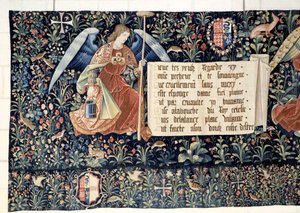 Wandteppich der Offenbarung: Engel tragen die Werkzeuge der Passion. Tapisserie von Nicolas Bataille von Nicolas Bataille