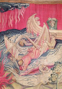 Die zweite Trompete und das Schiffswrack, Detail der sinkenden Schiffe, Nummer 21 aus der Apokalypse von Angers, 1373-87