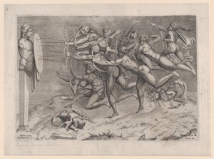 Nackte Bogenschützen, die auf ein Ziel schießen, das an einem Hermen befestigt ist, darunter schlafender Amor von Nicolas Beatrizet