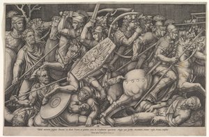 Römische Soldaten kämpfen gegen Daker, Kampfszene in geringer Tiefe mit Pferden und Reitern, 1553
