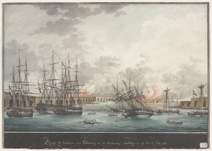 Ansicht der Batterien vor Palembang nach dem Sieg mittags - 12 Uhr am 24. Juli 1821 von Nicolas Cammillieri