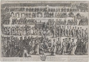 Die Prozession des Sarges der Heiligen Genoveva, mit Klerikern und Laien in sechs Reihen marschierend, 1652