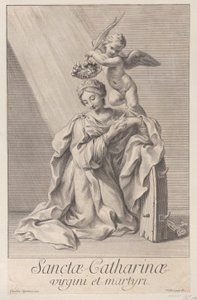 Die heilige Katharina von Alexandria, kniend mit ihrem Ellbogen auf dem Stachelrad ruhend von Nicolas Dorigny