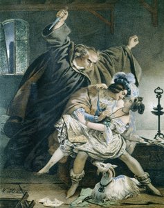 Esmeralda, Phoebus und Claude Frollo (Notre Dame de Paris) von Victor Hugo. Illustration von Nicolas Eustache Maurin (1799-1850). Private Sammlung.