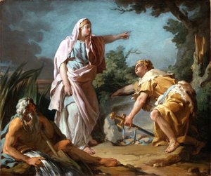 Aethra zeigt ihrem Sohn Theseus den Ort, an dem sein Vater seine Waffen versteckt hatte, 1768 von Nicolas Guy Brenet