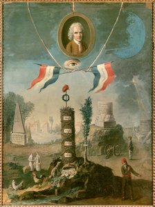 Revolutionäre Allegorie: Porträt von Jean Jacques Rousseau, Schweizer Philosoph, mit Symbolen der Revolution von Nicolas Henri Jeaurat de Bertry